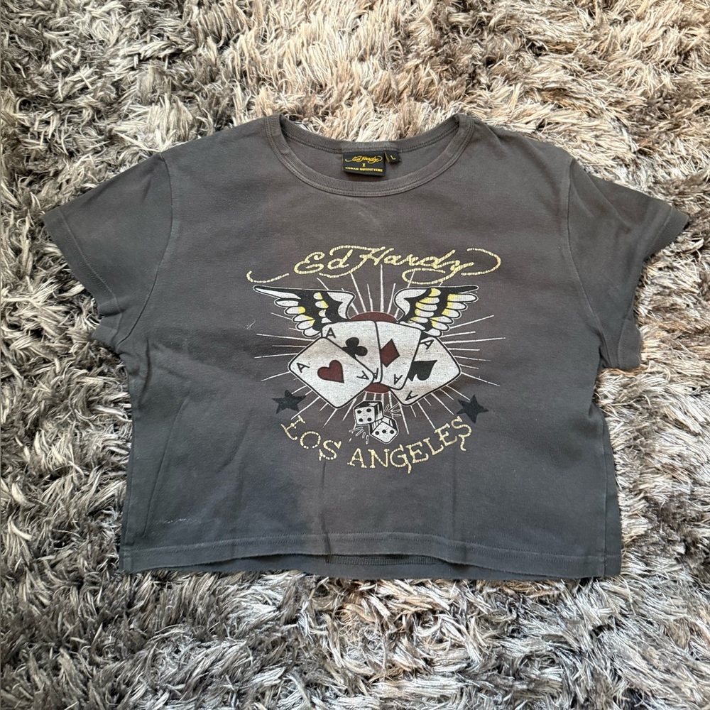 Ed Hardy Gray Graphic Tee with Playing Cards